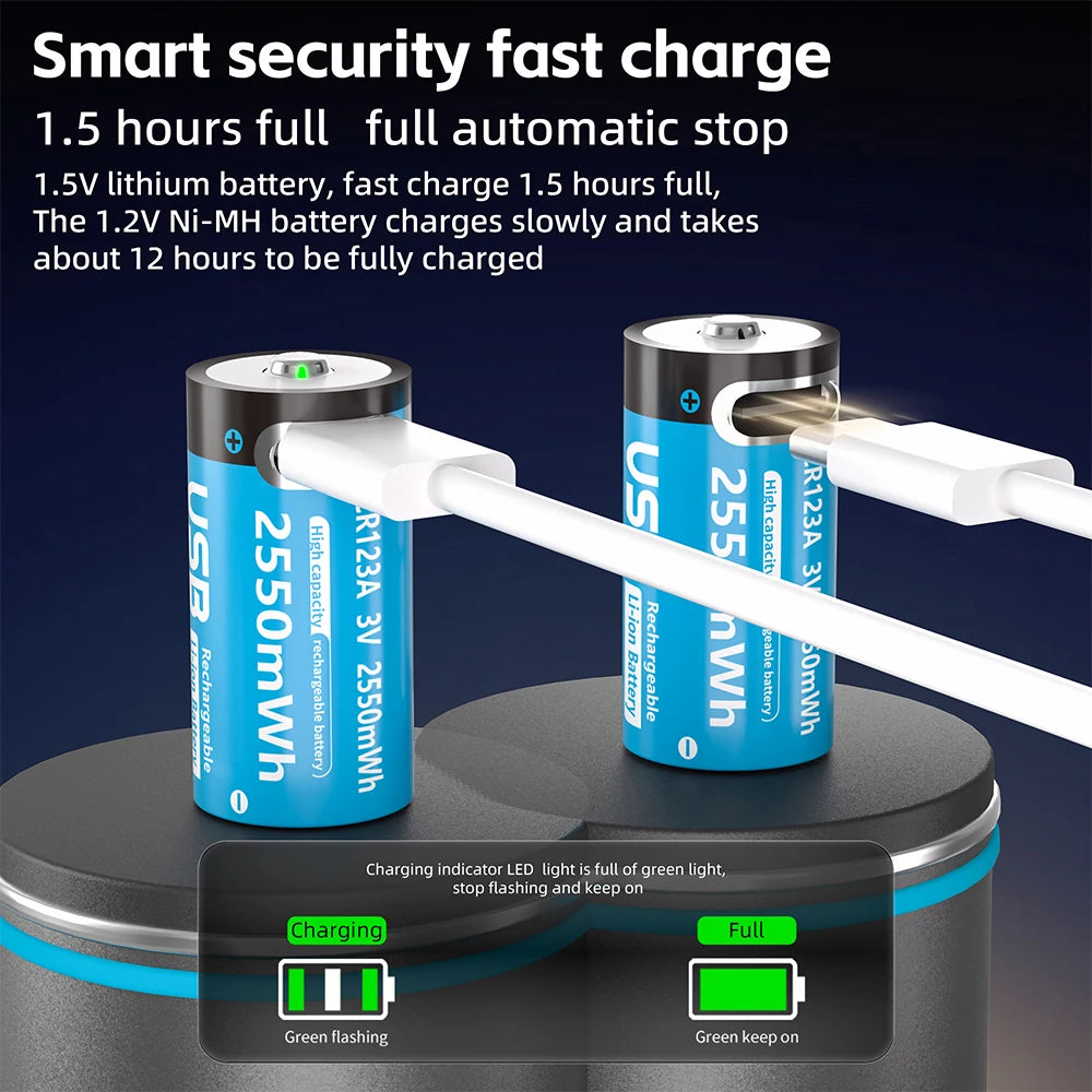 PUJIMAX Type-C Rechargeable CR123A 2550mWh 3V Lithium Battery Rechargeable Battery High Capacity  Portable Stable Output