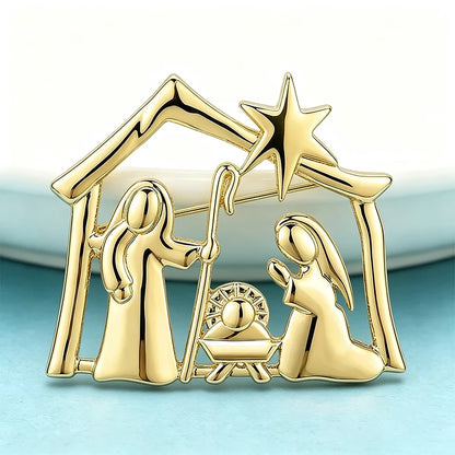 Wuli&baby Metal Nativity Scene Brooches For Women Men 2-color Star House Character Brooch Pins Christmas Gifts