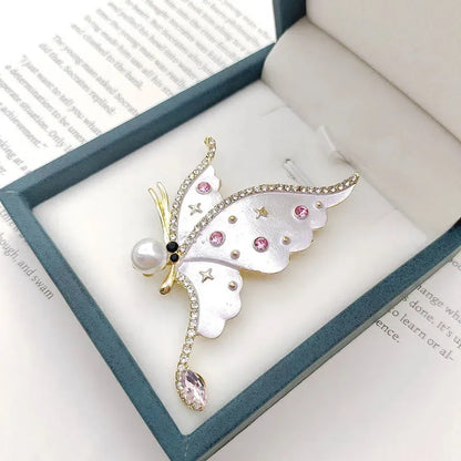 Pearl Enamel Butterfly Brooch Black White Rhinestone Crystal Insect Lapel Pin For Women Men Party Jewelry Accessories Gift