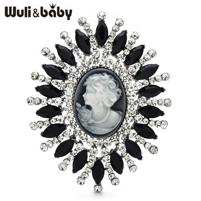Wuli&baby Huge Rhinestone Lady Portrait Round Brooches 2-color Big Beautiful Lady Picture Brooch For Women's Winter Clothes Pins