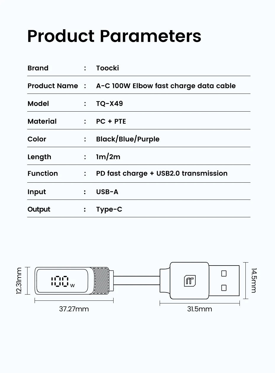 Toocki 90 Degree USB C Cable 6A Fast Charging Elbow Type C Cable for Huawei P40 Realme Samsung S20 Digital Display Data Cable