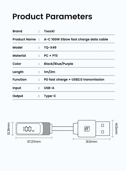 Toocki 90 Degree USB C Cable 6A Fast Charging Elbow Type C Cable for Huawei P40 Realme Samsung S20 Digital Display Data Cable