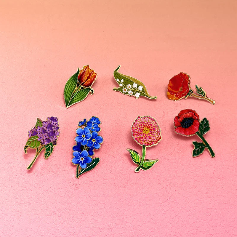 AniPins Cute Flower Pins 7-design Enamel Orchid Lilac Flower Metal Brooch Pin On Backpack Clothes Lapel Badge Friends Gifts