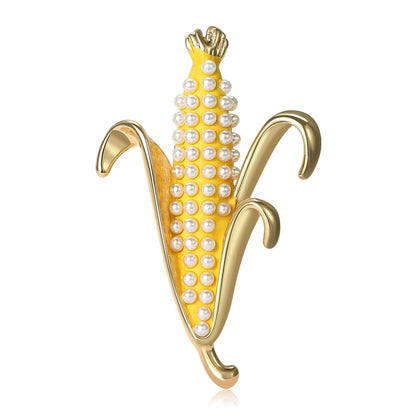 Beaut&Berry Trendy Pearl Corn Brooches for Women Unisex Plant Vegetables Pins Casual Party Accessories Gifts Friend Decoration