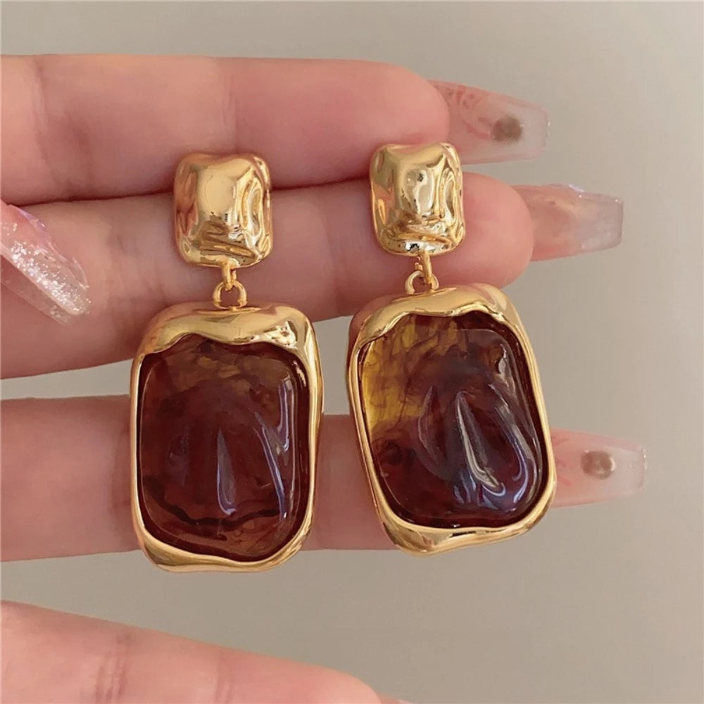 Trendy Geometric Acrylic Drop Earrings Retro Marbled Design Elegant Womens Jewelry