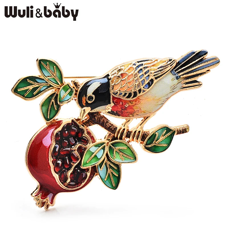 Wuli&baby Lovely Bird And Pomegranate Brooches For Women Unisex Beautiful Animal Fruits Flower Party Casual Brooch Pins Gifts