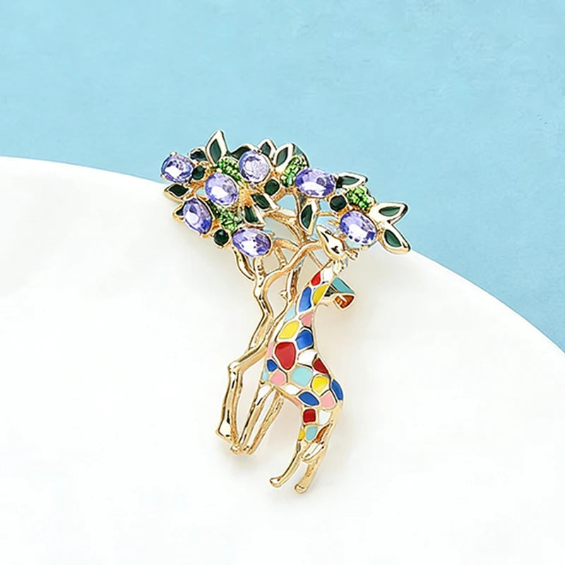 Wuli&baby Crystal Eating Leaves Giraffe Brooches For Women Unisex 2-color Enamel Beautiful Animal Tree Christmas Brooch Pins