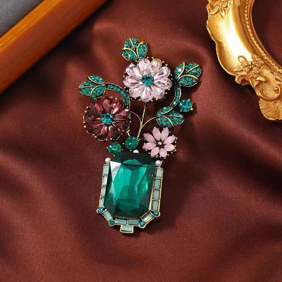 Rhinestone Flower Vase Brooches for Women Plant Pins Event Party Backpack Decoration Clothes Accessories