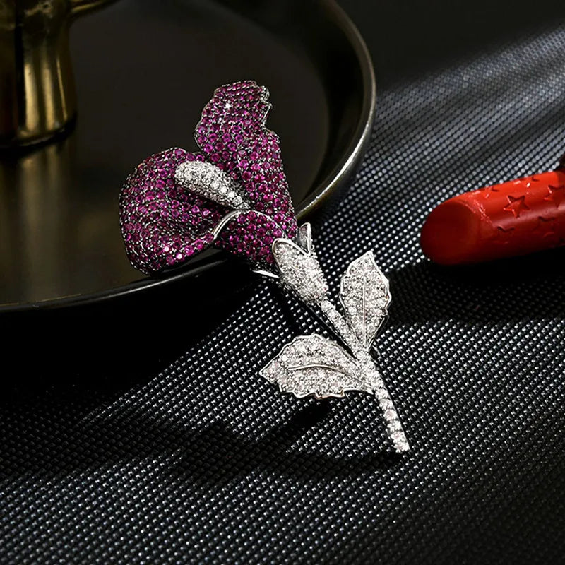 Micro Pave Flower Fashion Brooch Pins For Women Creative New Purple Luxury Handmade Brooches