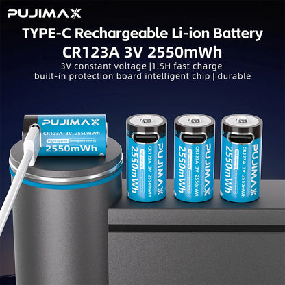 PUJIMAX Type-C Rechargeable CR123A 2550mWh 3V Lithium Battery Rechargeable Battery High Capacity  Portable Stable Output