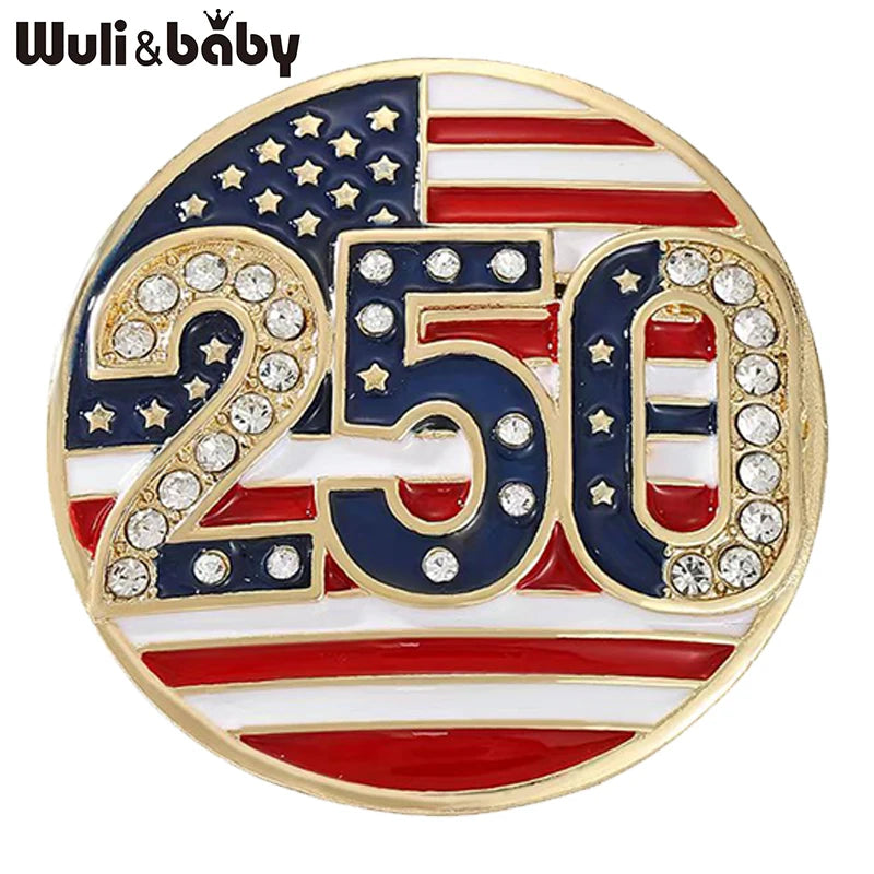 Wuli&baby USA 250 Independence Day Brooches Badge For Women Unisex Enamel Rhinestone American Flag Round Party Brooch Pin Gifts