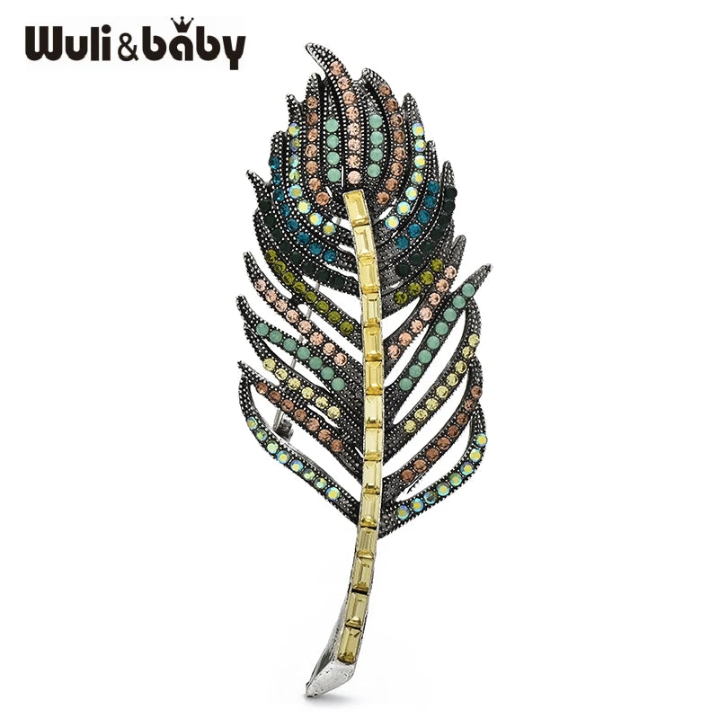 Wuli&baby Vintage Full-rhinestone Feather Brooches For Women Unisex Beautiful Leaf Flowers Party Office Brooch Pins Gifts