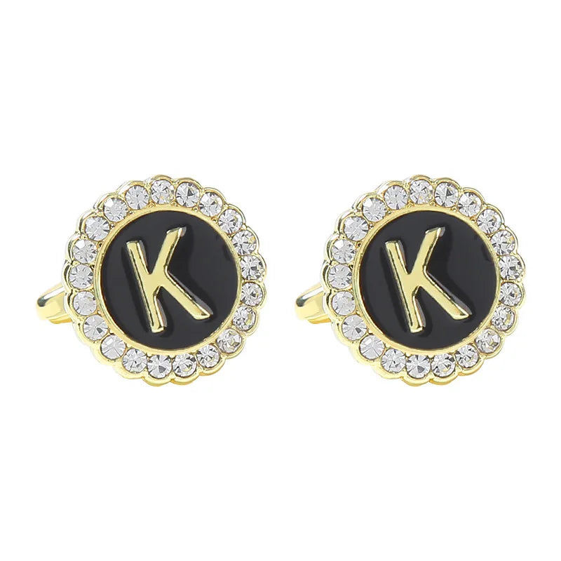 New Round Rhinestone Cufflinks for Men 26 English Letter Cuff Links Button French Business Accessories Gifts