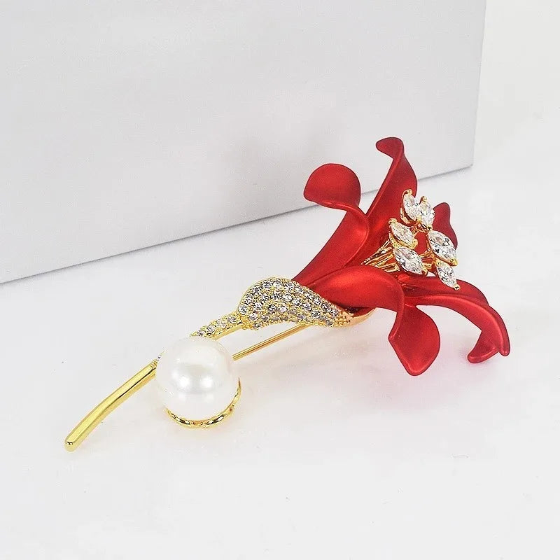 Luxury Red Enamel Lily Bouquet Brooch Rhinestone Plant Pin For Women Unisex Party Fashion Jewelry Accessories Gift