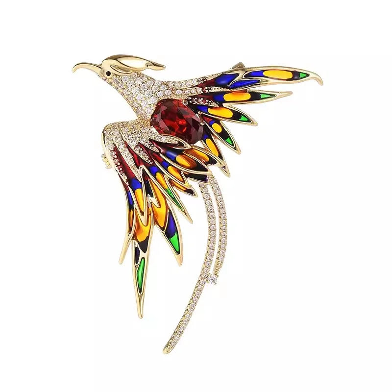 Luxury Crystal Phoenix Bird Brooches For Women Men Unisex Colorful Yellow Enamel Pins Chinese Birds Party Office Jewelry Gifts