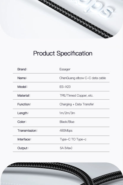 Essager 100W USB Type C To USB C Cable 90 Degree Angle For iPad MacBook Pro Xiaomi Samsung Huawei Fast Charging Type-C Date Wire