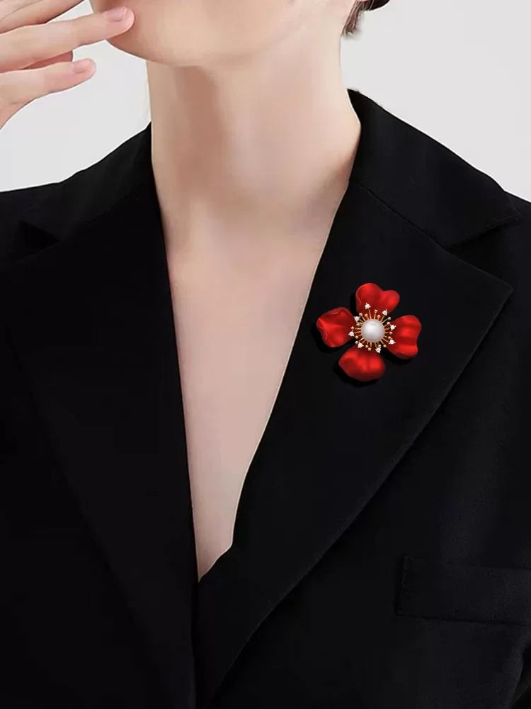 Exquisite Red Soft-paint Flower Brooch for Women Men Plant Enamel Pins Party Office Jewelry Gifts