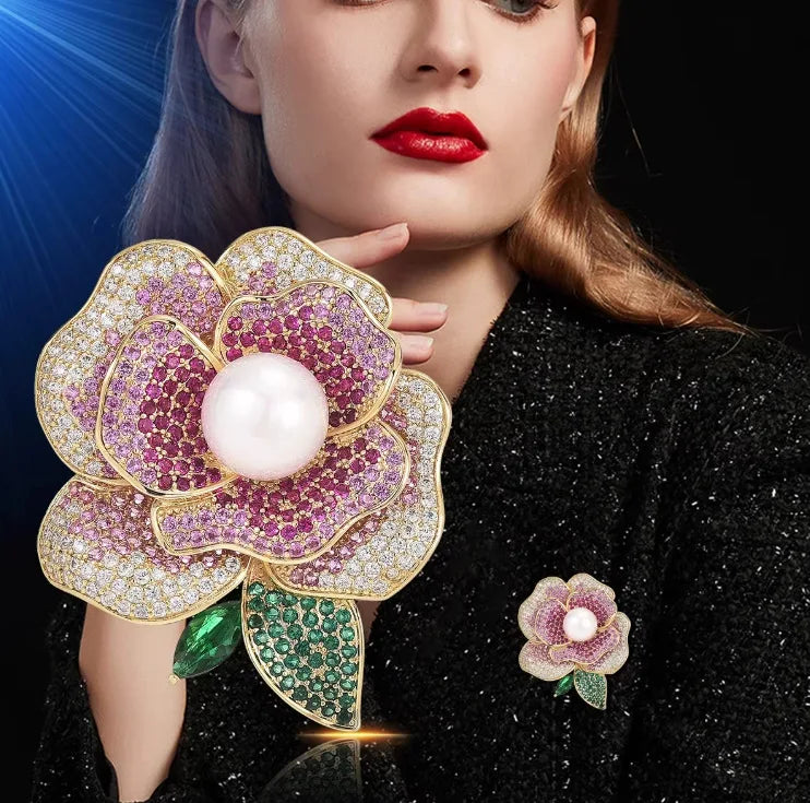 Rhinestone Camellia Flower Brooch Pearl Lapel Pin For Women Banquet Party Suit Coat Backpack Fashion Jewelry Accessories