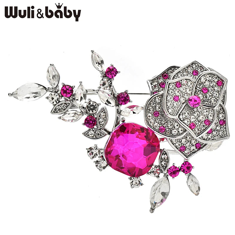 Wuli&baby Luxury Beautiful Flower Brooches For Women Unisex 4-color Rhinestone Rose-flower Elegant Party Office Brooch Pins Gift