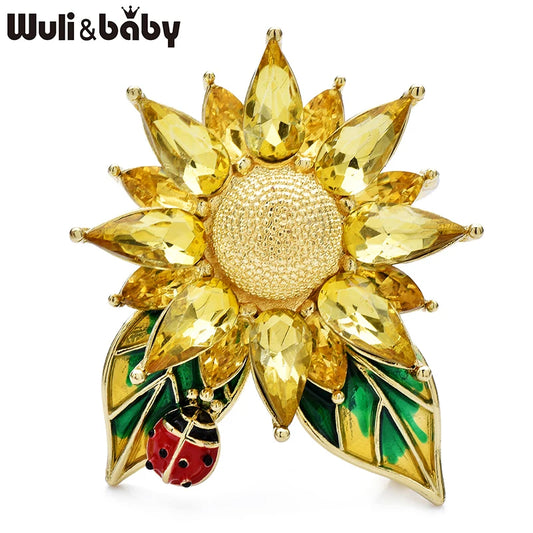 Wuli&baby Crystal Sunflower Brooches For Women Unisex Lovely Ladybug And Flower Office Party Brooch Pin Gifts