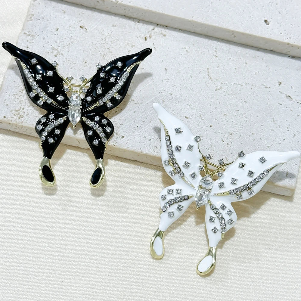 Vintage Rhinestone Black Butterfly Brooches Inlaid Cubic Zirconia Insect Metal Enamel Pins for Women Clothing Accessories
