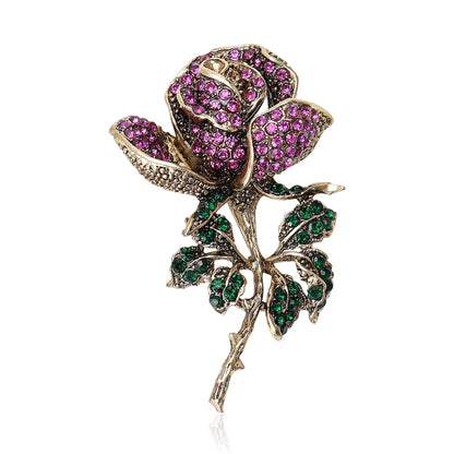 Beaut&Berry Vintage Rhinestone Rose Brooches for Women Enamel Plant Pins Friends Party Gifts Banquet Jewellery Accessories
