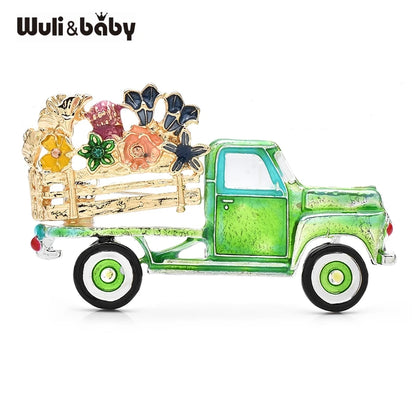 Wuli&baby Enamel Flowers On Green Truck Brooches Metal Badge Gift For Kid And Family Jewelry Accessory Pin