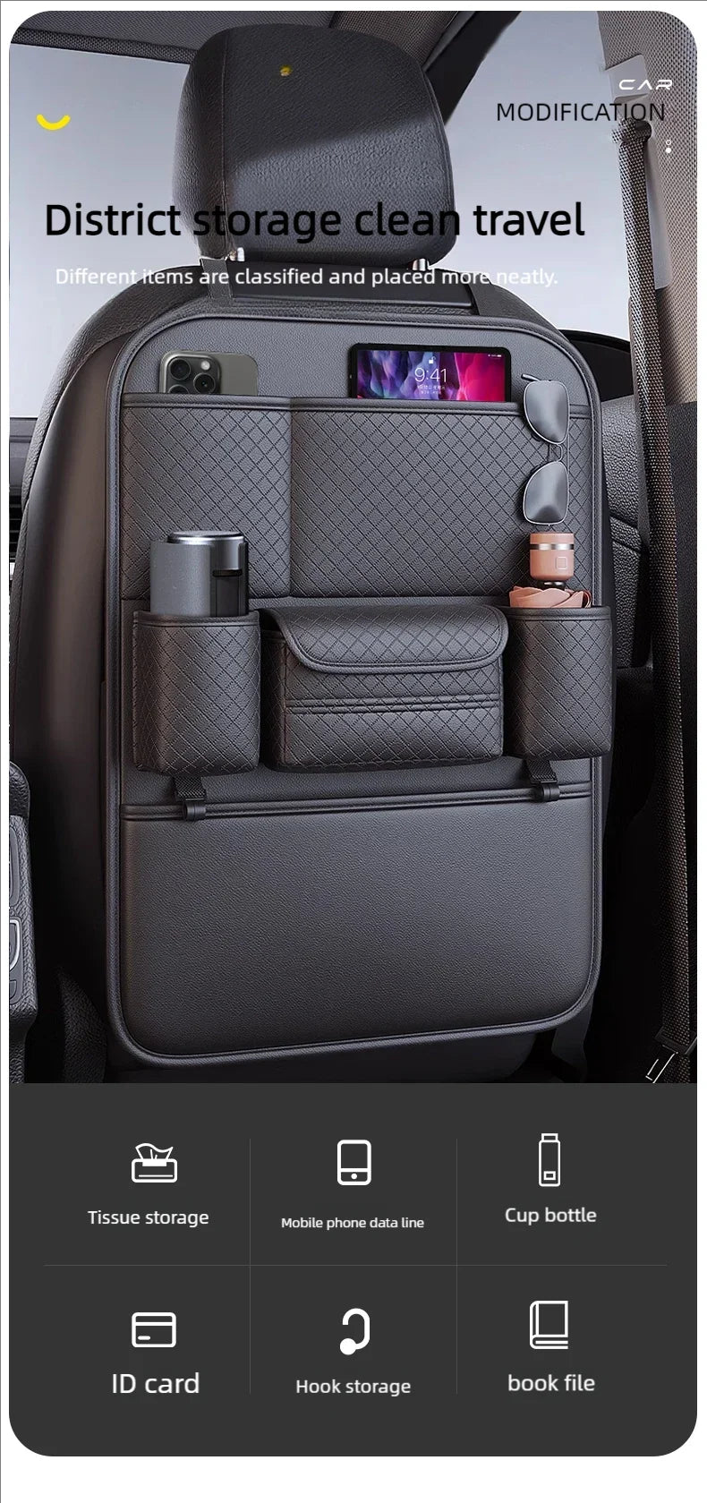 Multi-functional Car Seat Back Organizer High-Capacity Multi-Pocket Backseat Storage Bag Wear-Resistant Anti Kick Mat