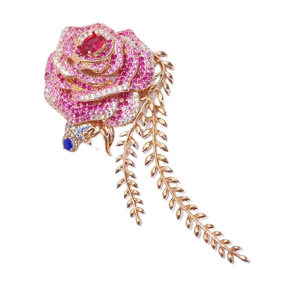 Ladies Heavy-Duty Pink Zircon Classic Rose Brooch Light Luxury Design Fashion High-End Shirt Suit Clothing Accessory Jewelry