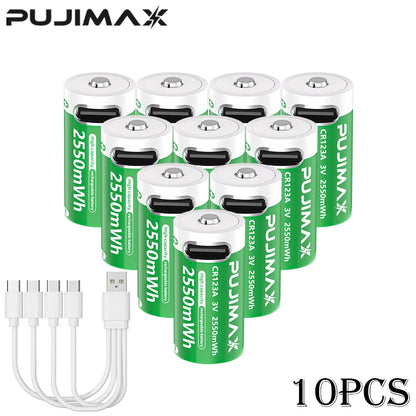 PUJIMAX CR123A Batteries With USB-C Fast Charging Cable-High Capacity 2550mWh Li-ion Polymer Cells For Flashlights Cameras