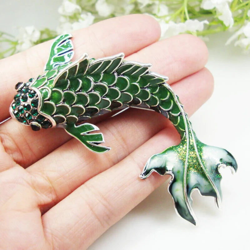 Vintage Green Fish Woman Brooch Pin Rhinestone Crystal Animal Silver Tone