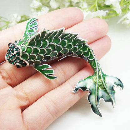 Vintage Green Fish Woman Brooch Pin Rhinestone Crystal Animal Silver Tone