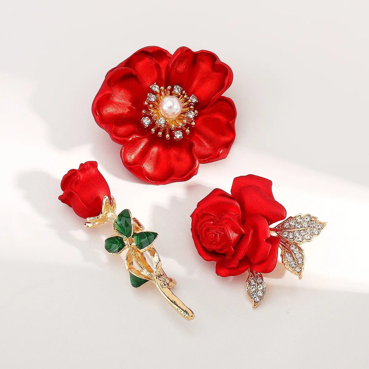 3PCS Red Rose Brooches For Women Elegant Flower Enamel Lapel Pin Fashion Design Valentine'S Day Gift