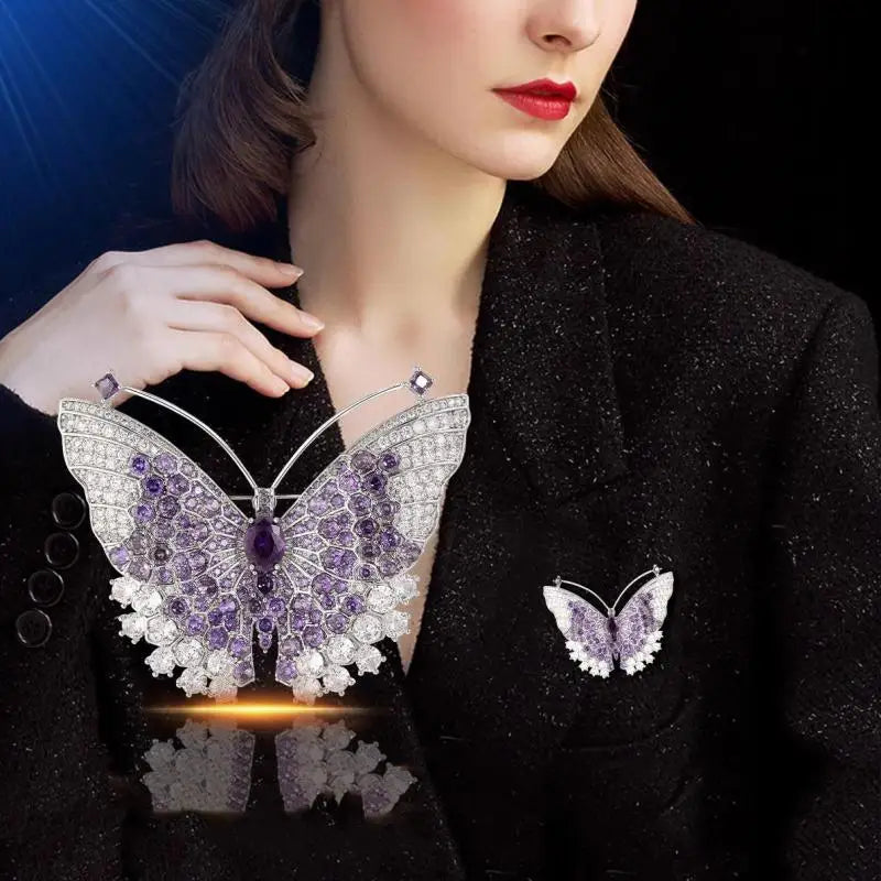 Luxury Purple Butterfly Brooch For Women Sparkling Cubic Zircon Lapel Pin Elegant Wedding Banquet Jewelry Gift