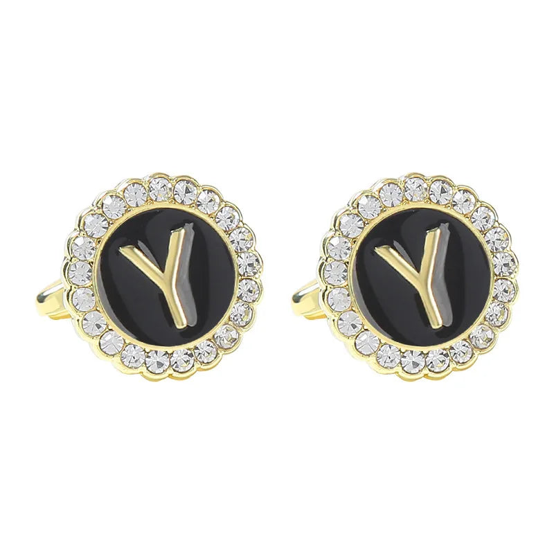 New Round Rhinestone Cufflinks for Men 26 English Letter Cuff Links Button French Business Accessories Gifts