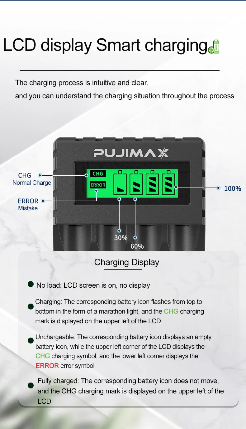 PUJIAMX AA/AAA Rechargeable Battery Charger LCD Display Portable Adapter USB Cable TypeC Batteries Interface Fast Charging Tool
