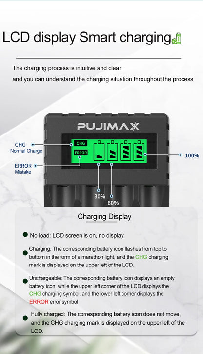 PUJIAMX AA/AAA Rechargeable Battery Charger LCD Display Portable Adapter USB Cable TypeC Batteries Interface Fast Charging Tool