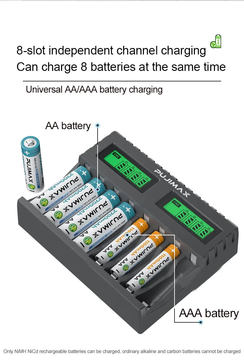 PUJIMAX 8-slot Battery Charger Suitable 1.2V AAA/AA Rechargeable Battery Short Circuit Protection LED Display NiMH/NiCd Charger