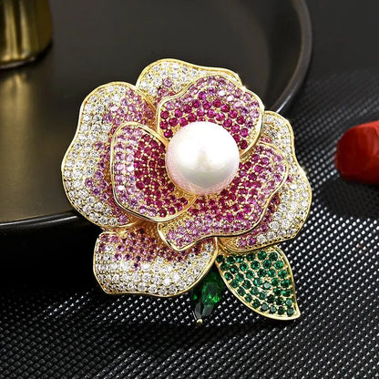 Rhinestone Camellia Flower Brooch Pearl Lapel Pin For Women Banquet Party Suit Coat Backpack Fashion Jewelry Accessories