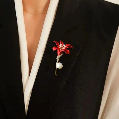 Luxury Red Enamel Lily Bouquet Brooch Rhinestone Plant Pin For Women Unisex Party Fashion Jewelry Accessories Gift