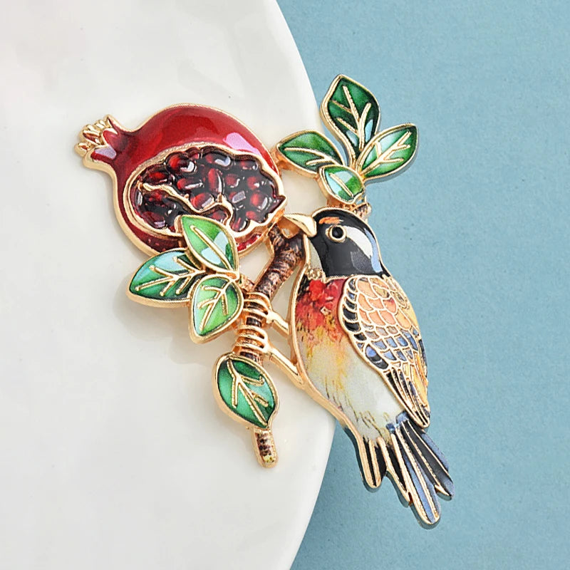 Wuli&baby Lovely Bird And Pomegranate Brooches For Women Unisex Beautiful Animal Fruits Flower Party Casual Brooch Pins Gifts
