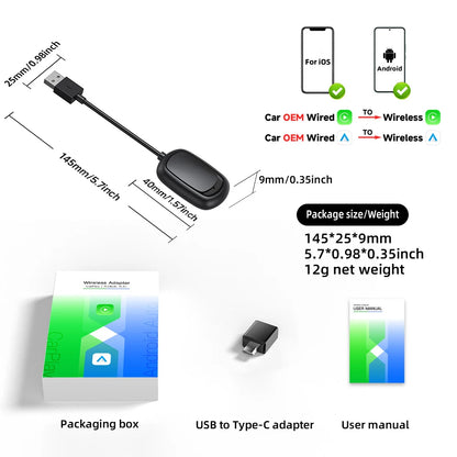 TIMEKNOW New 2 In1 CarPlay & Android Auto Mini Box Wireless CarPlay Adapter Wired to Wireless CarPlay For USB/Type C Dongle