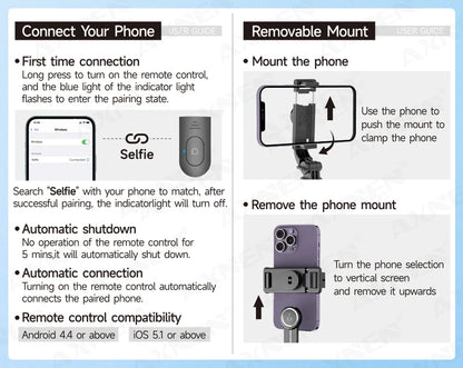Bluetooth Selfie Stick Tripod Desktop Stand, Phone Holder, Wireless Remote Shutter, for iPhone Android, Option with Fill Light