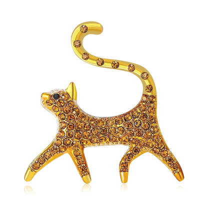 Cute Rhinestone Cartoon Cat with Tail Up Brooch For Women Men Kitten Animal Pets Suit Corsage Pin Jewelry Accessories Gift