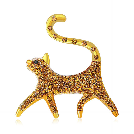 Cute Rhinestone Cartoon Cat with Tail Up Brooch For Women Men Kitten Animal Pets Suit Corsage Pin Jewelry Accessories Gift