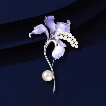 Purple Iris Flower Brooch For Women Shiny Pearl Enamel Pin Elegant Wedding Banquet Jewelry Gift