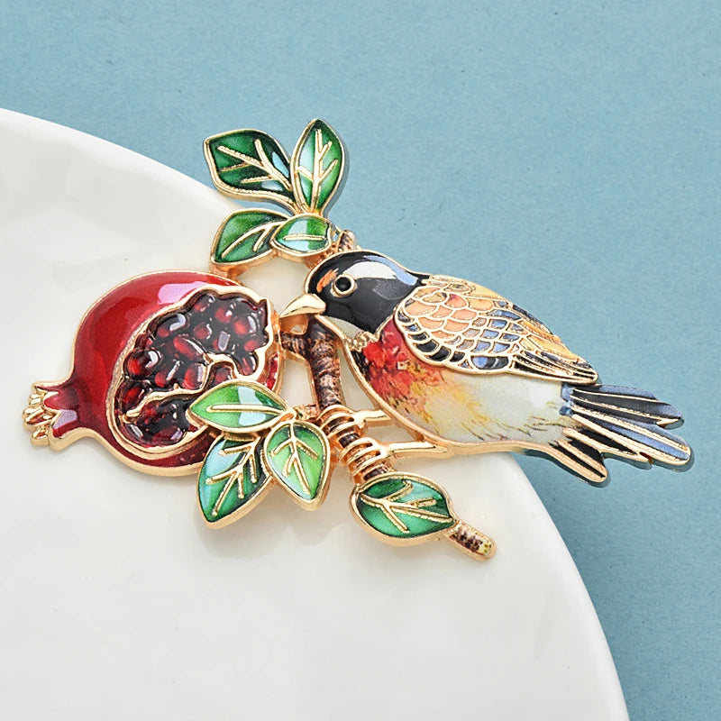 Wuli&baby Lovely Bird And Pomegranate Brooches For Women Unisex Beautiful Animal Fruits Flower Party Casual Brooch Pins Gifts