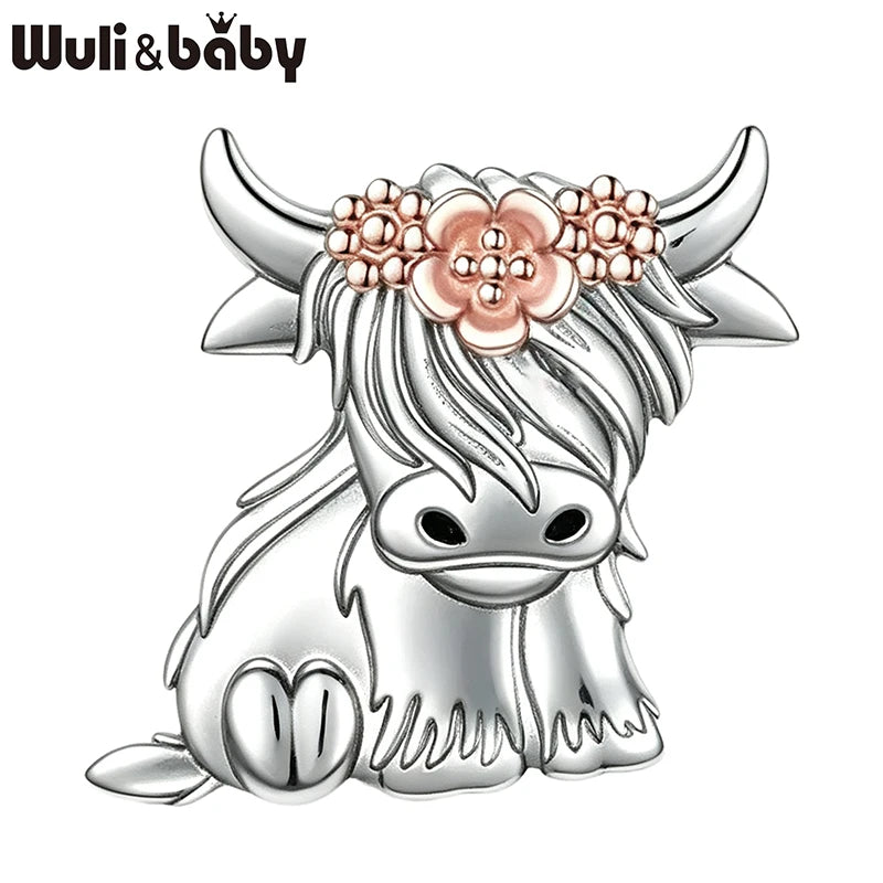 Wuli&baby Cute Highland Cow Brooches For Women Unisex Alloy Wear Flowers Gentle Cattle Animal Party Casual Brooch Pins Gifts