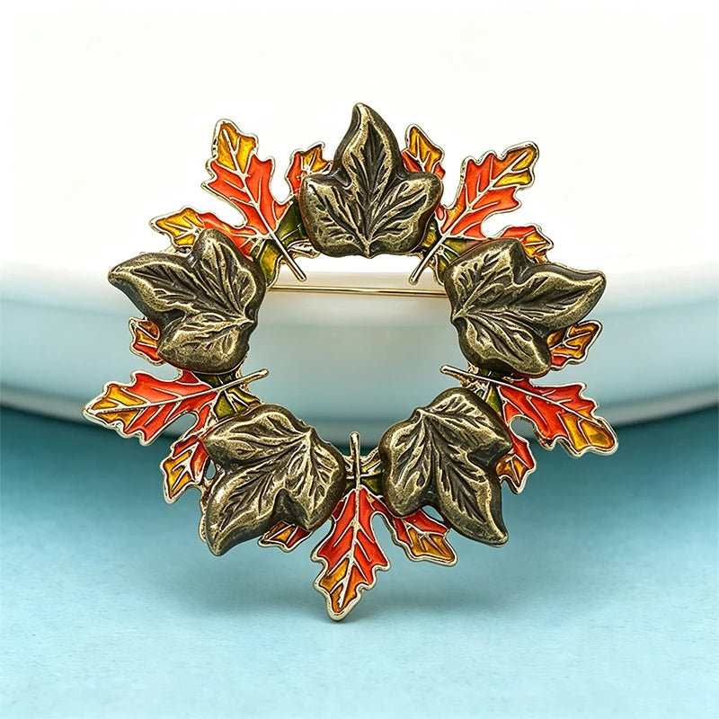 Wuli&baby Enamel Leaves Wreath Brooches For Women Unisex Beautiful Flower Circle Christmas New Year Brooch Pin Gifts