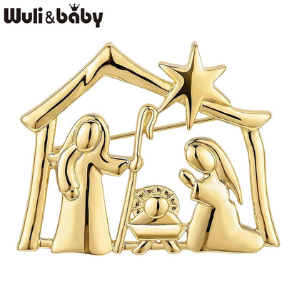 Wuli&baby Metal Nativity Scene Brooches For Women Men 2-color Star House Character Brooch Pins Christmas Gifts